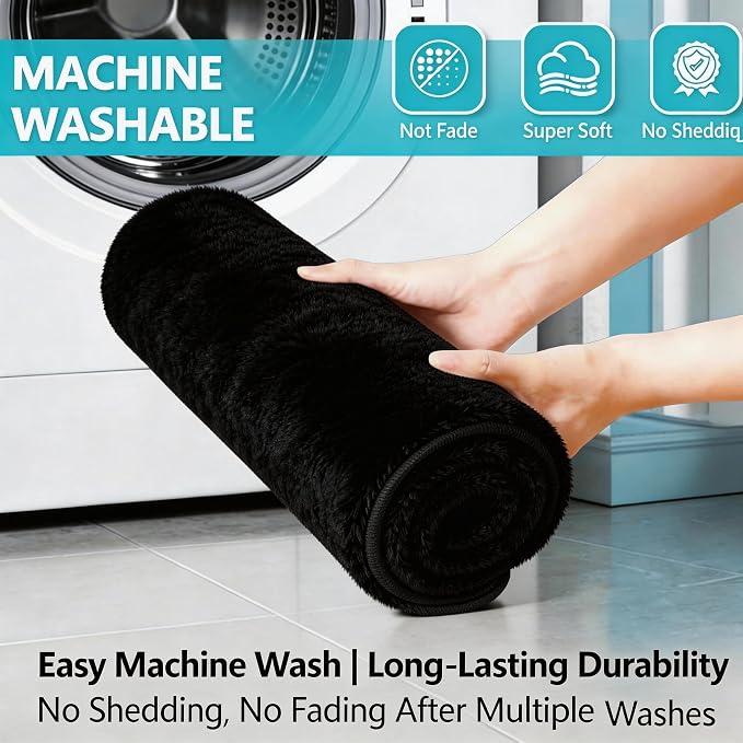 Bathroom Rugs Set Plush Velvet Bath Rugs Non-Slip Shaggy Bath Mat Set 3 Piece,Washable Mats,Absorbent Shaggy Rugs Super Soft U-Shaped Toilet Rug,Bahroom Carpets for Bathroom,Tub,Shower Black