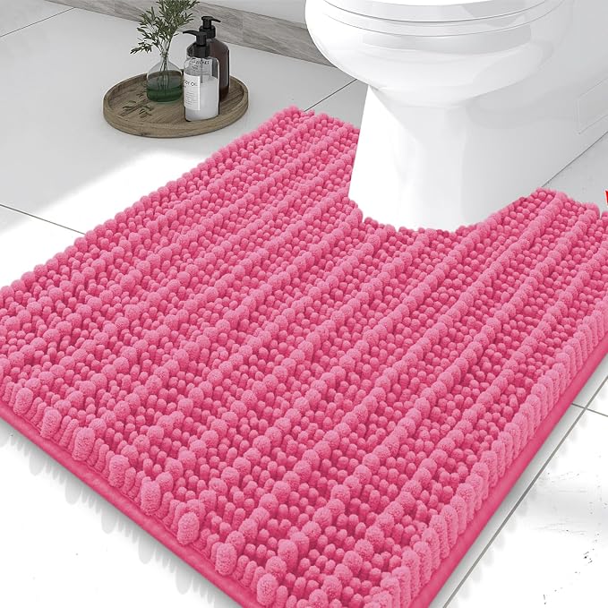 Smiry Bathroom Toilet Rugs U Shaped 24X20, Chenille Bath mats for Toilet | Hot Pink Extra Soft Absorbent Non Slip Rubber Backing Contour Bath Rugs for Toilet, Machine Washable Contoured Bath Mats