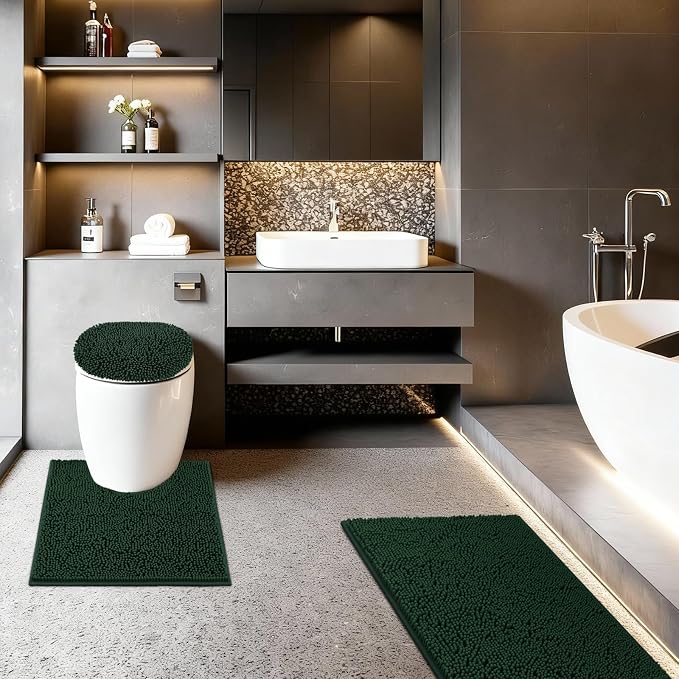 Bathroom Rugs Sets 3 Piece with Toilet Seat Cover 19.5"x 18.5" | Machine Washable Bath Rug Set with Tpr Non Slip Rubber Backing Solid Bath Mat Set for Luxury Bathroom Decoration