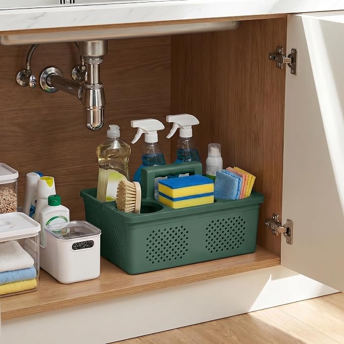 KMV Dorm Room Portable Shower Caddy with Adjustable Compartments - Ventilated Drainage Design with Handles, Perfect Toiletries Organizer for College Dorms-green