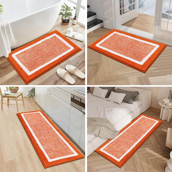 Pauwer 3 Piece Bathroom Rug Set, Non Slip Washable Bath Mat, Orange | Soft Plush Microfiber, Super Absorbent Floor Carpet, U Shaped Toilet Mats, Quick Dry, Shaggy Shower Rugs Runners
