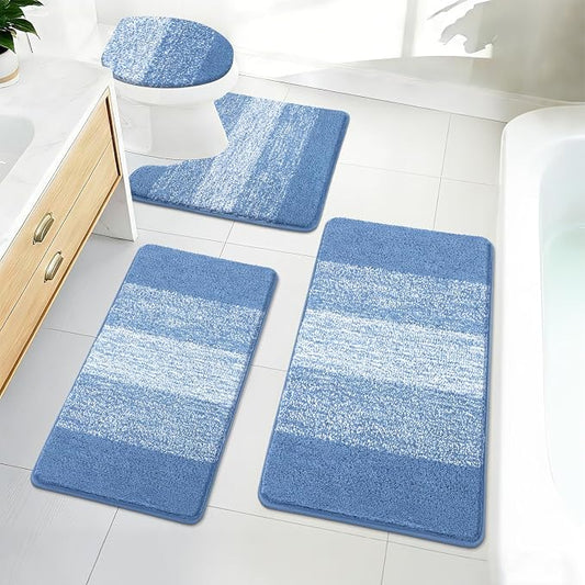 Bsmathom Bathroom Rug Set 4 Piece, Plush Microfiber Bath Mat, Blue | Super Water Absorbent, Non Slip Machine Washable Bath Rug Sets with Toilet Lid Cover and U-shaped Contour Toilet Mat