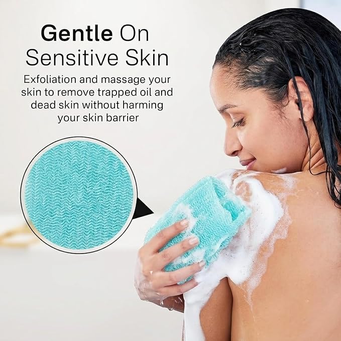 2PCS Exfoliating Washcloth Towel - Exfoliating Body Scrubber Exfoliator, Loofah Sponge Wash Cloth, Korean & Japanse & African Net Sponge Rag - Back Scrubber Washer (Lake Blue+Blue)