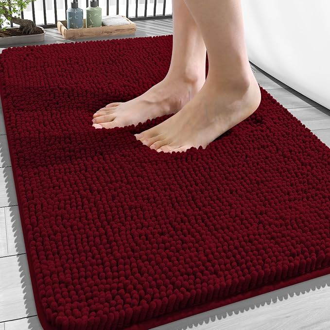 OLANLY Bathroom Rugs 34x21, Extra Soft Absorbent Chenille Bath Rugs | Burgundy, Quick-Drying Rubber Backing, Machine Washable Bath Mat for Bathroom Floor, Tub and Shower, Home Decor Accessories
