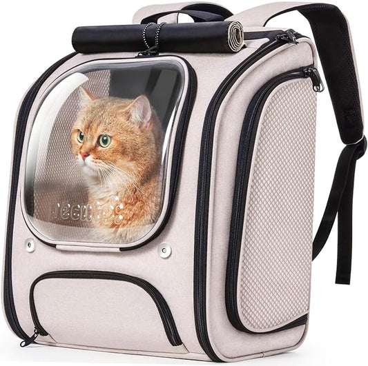 Pecute Cat Backpack Carrier,Large Space Cat Bubble Backpack,Ergonomic,Khaki | Bubble Transparent Window,Sunshade Curtain,Safety Rope,Sturdy,Large Mesh for Breathability,Suitable for Outdoor,Vet