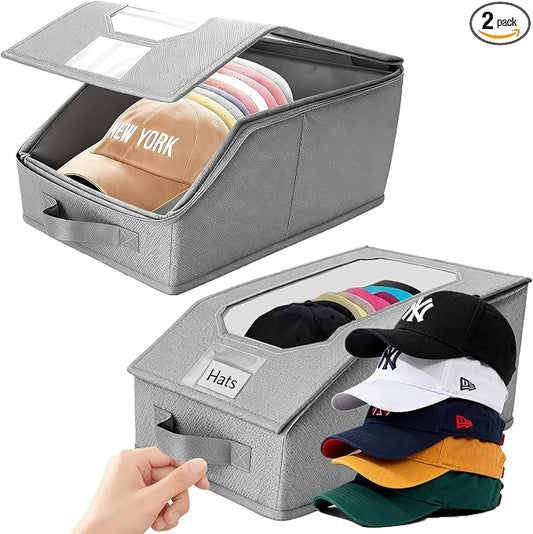 2 Pcs Stackable Baseball Cap Organizer, Washable Foldable Oxford Cloth, Smooth Durable Metal Zipper Hat Storage Holder for Closet, Holds 24 Caps with Large Clear Window, Hat Box for Home Storage