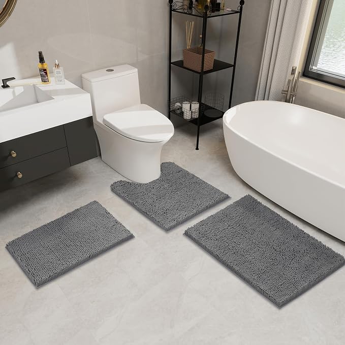 LINLA 3 Pieces Bathroom Rug Set, Absorbent Non Slip Chenille Bath mat | Absorbent Thick Plush Chenille Carpet Mats Set,Washable Dry Quickly with U-Shaped Toilet Mat for Tub, Shower