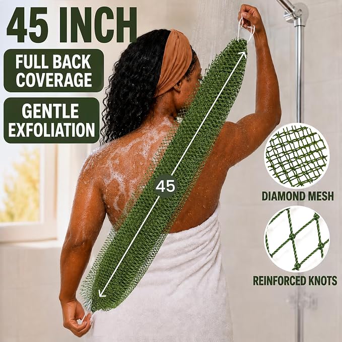 Authentic African Net Sponge, 2 Pack 45-Inch Exfoliating Bath Sponge and Shower Loofah for Body and Back, Quick-Dry Durable Knotted Mesh Scrubber (Olive Green & Light Green)
