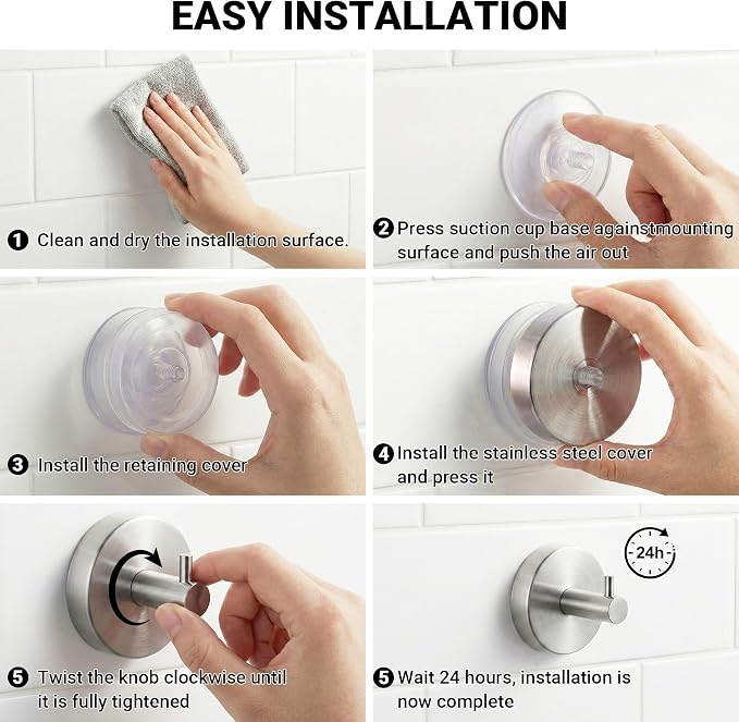 cleanan Suction Cup Hooks for Shower Wall - Heavy Duty Stainless Steel Bathroom Hanger, Vacuum Towel Hooks for Inside Shower Glass Door, Tile & Mirror, Waterproof Loofah Robe Holder No Drill (2 Pack)