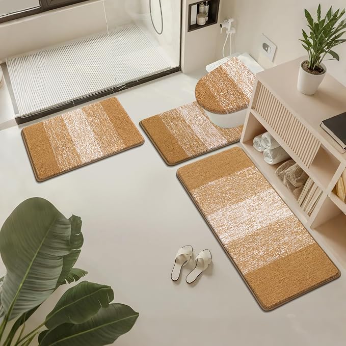 Bsmathom Bathroom Rugs Sets 4 Piece, Soft Absorbent Microfiber Bath Rugs with U-Shaped Contour Toilet Rug and Toilet Lid Cover, Thick Non-Slip Plush Shaggy Bath Mat Set,Turmeric