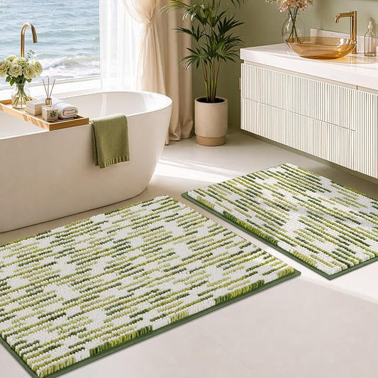 Bathroom Rugs Sets 2 Piece, Modern Bath Mat 20"x32"+16"x24", Sage | Loop Pile Chenille, Non Slip TPR Rubber Backing, Abstract Stripe, Soft Thick Absorbent Washable, Shower Rug for Bathroom