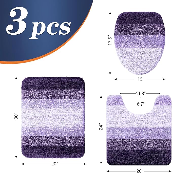 OLANLY Bathroom Rugs Sets 3 piece, Soft Microfiber Absorbent Bath Mat, U-Shaped Contour Toilet Mat and Toilet Lid Cover, Quick Dry, Machine Washable, Toilet Cover and Rug Set for Bathroom, Violet