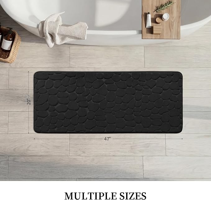 YIHOUSE Memory Foam Runner Rug, Cobblestone Bathroom Runner Rugs Super Water Absorbent Bath Mats for Bathroom Machine Washable Bath Rugs for Hallway Bedroom Laundry Room(20 x 47,Black)