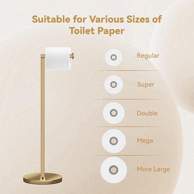 RRM Toilet Paper Holder Stand, Bathroom Free Standing Toilet Paper Holder with Reserve Storage 3-4 Toilet Paper Rolls (Golden) (Pack of 2)