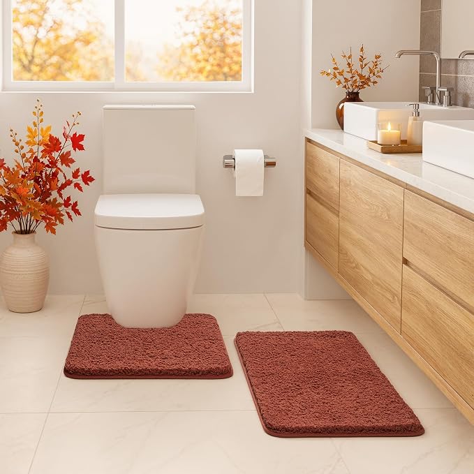 MIULEE Fall Rust Bathroom Rugs Set 2 Piece Soft Bath Mats 20x24+16x24 Inch | Absorbent Microfiber Bath Mat and U-Shaped Toilet Rug, Non Slip, Quick Dry, for Bathroom Floor Tub Showers, Machine Washable