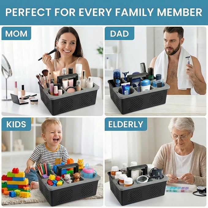 KMV Dorm Room Portable Shower Caddy with Adjustable Compartments - Ventilated Drainage Design with Handles, Perfect Toiletries Organizer for College Dorms-black