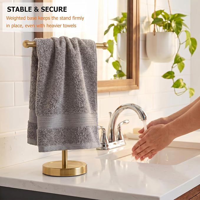 Gold Hand Towel Holder Stand with Heavy Stainless Steel Base, T-Shape Towel Rack, Free-Standing Towel Holder Countertop for Bathroom (Brushed Gold)