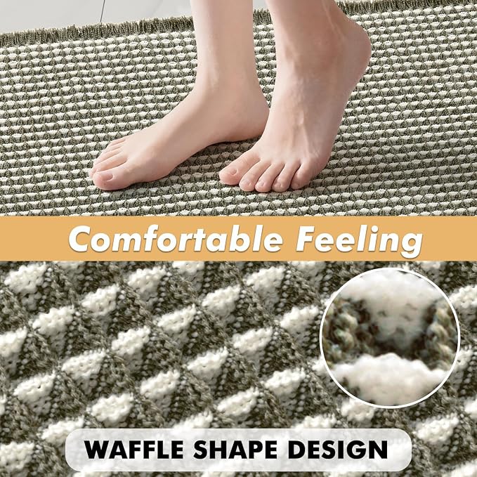 MIULEE Set of 2 Waffle Bathroom Rugs Boho Bath Mat Green&Cream 17x24 Inch | Non Slip, Super Absorbent, Washable, Ultra Soft, Rubber Backed, Small Bath Rugs for Bathroom Floor Tub Shower