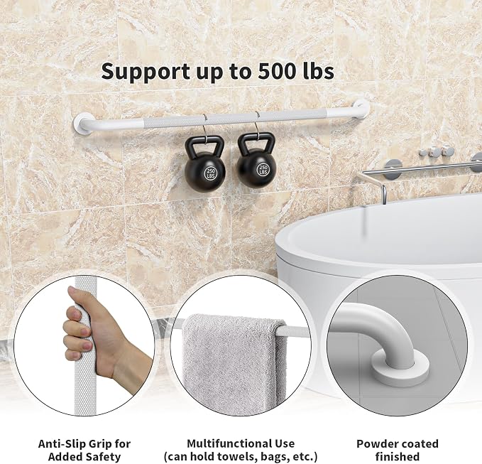 42 Inch White Shower Grab Bar w/Anti Slip Knurled Grip, ZUEXT Stainless Steel Bath Grab Bar,Bathroom Balance Bar, Wall Mount Safety Handrail Support, Handicap Injury Elderly Senior Assist Handle