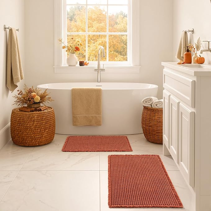 MIULEE Fall Orange Set of 2 Waffle Bathroom Rugs Boho Bath Mat 20x32 Inch | Non Slip, Super Absorbent, Washable, Ultra Soft, Rubber Backed Bath Rugs for Bathroom Floor Tub Shower