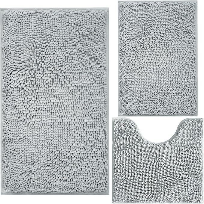 BOANKODU 3 Piece Bathroom Rugs Set, Extra Soft & Shag Chenille Bath Mat, Non-Slip PVC Backing, Machine Washable Absorbent Bath Mats for Bathroom, Toilet Rug, Home Decor (Light Grey)