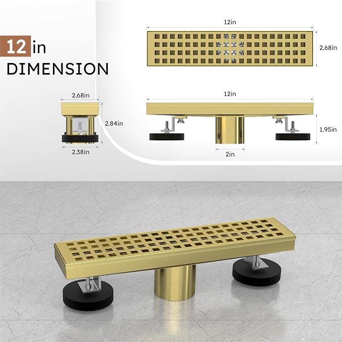 Linear Shower Drain 12 Inch, Modern Rectangle Shower Floor Drain with Removable Quadrato Pattern Grate, Stainless Steel SUS 304, Linear Drain with Leveling Feet& Hair Strainer