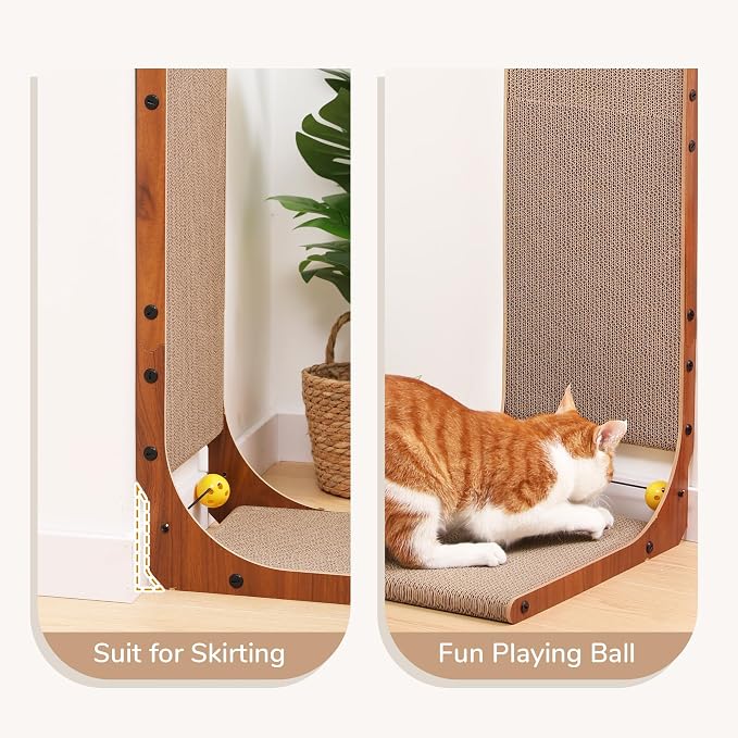 FUKUMARU Cat Scratcher for Indoor Cats, 26.8 Inch Cat Scratch Pad L Shaped | 2 Packs Cardboard Cat Scratcher, Vertical Cat Scratching Board with Ball Toy, Walnut Color