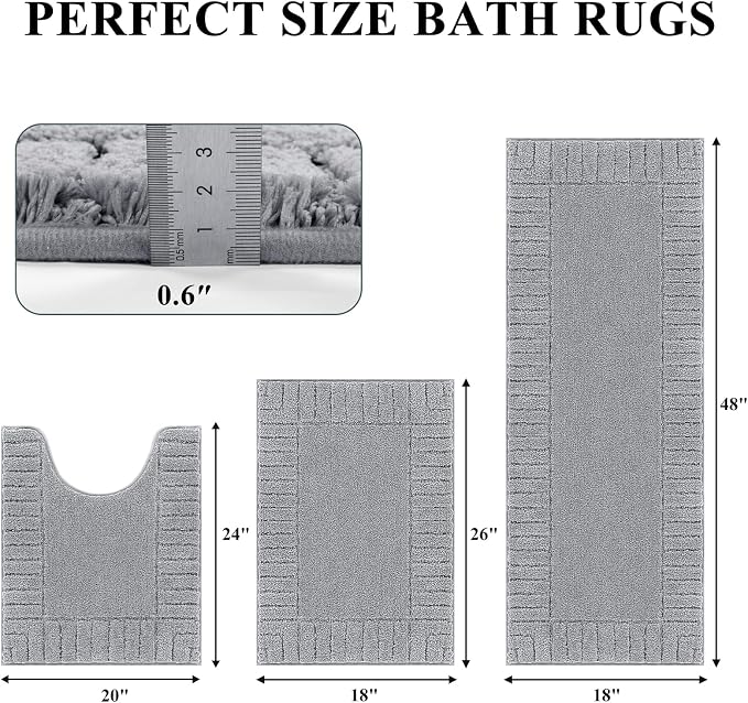 Pauwer Bathroom Rugs Sets 3 Piece, Microfiber Bath Mat Set, Light Grey | Non Slip Washable, Soft Plush, Extra Absorbent Bath Mats, U Shaped Contour Toilet Rug for Bathroom