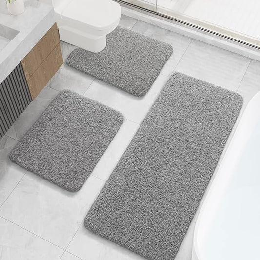 LOCHAS Bathroom Rugs Sets 3 Piece, Long Bath Mat Set Non Slip, Grey | Washable Absorbent Toilet Rug, Shaggy Soft Cozy Quick Dry