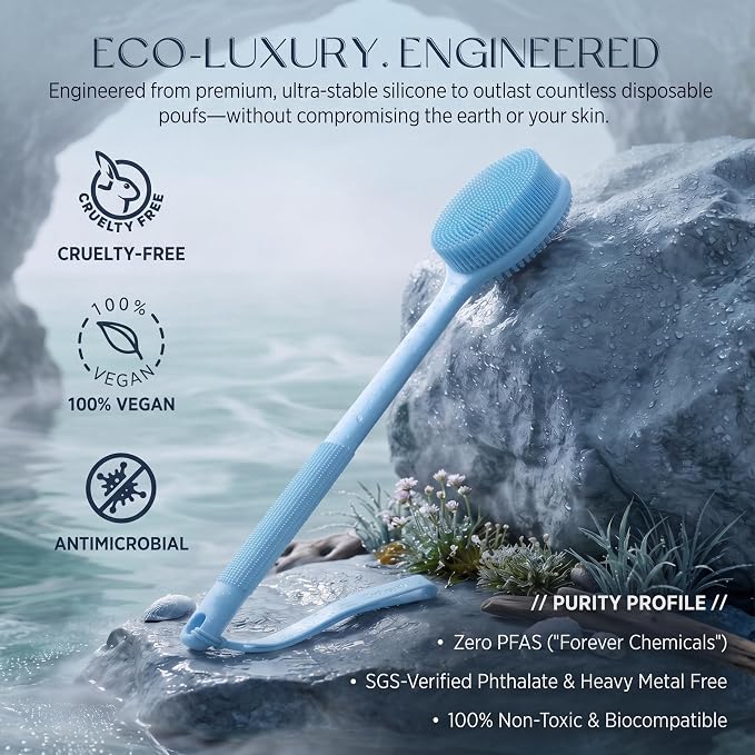 CORATED Silicone Back Scrubber for Shower, 2‑in‑1 Body Brush with Handle | Exfoliating Body Scrubber for Women & Men Daily Use, Loofah Alternative Bath Accessories