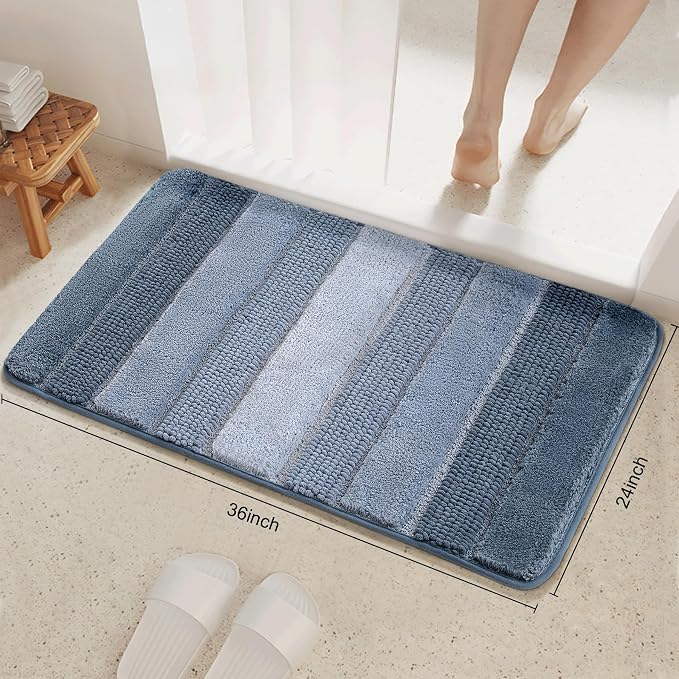 Kmson Ombre Chenille Bathroom Rugs, 24"x36" Non-Slip Bath Mat for Shower Floor & Bathtub, Ultra Soft Washable Shaggy, Fluffy Thick Water Absorbent Microfiber Blue