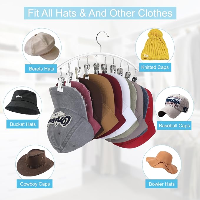 Cuipingoo Hat Hangers for Closet, Metal 2 Pack Hat Organizer Holder for Hanger Closet Display, Hat Racks for Baseball Caps w/10 Clips, Hat Holder for Ball Caps & Accessories, for Men Women, White