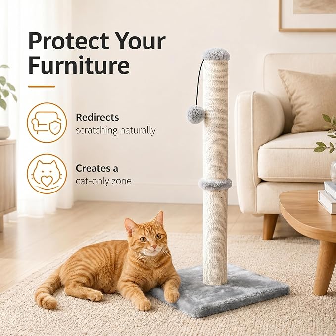 Dimaka 29" Height Tall Cat Scratching Post, Claw Scratcher with Sisal Rope and Covered with Soft Smooth Plush, Vertical Scratch [Full Strectch] for Standard Size Cats(Grey, 29 inches for All Cats)