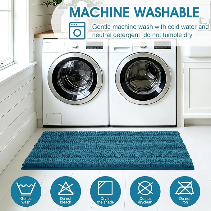ACCUMTEK Comfydew Striped Teal Blue Bathroom Rug Set 3 Pieces Ultra Soft, Non Slip Chenille Toilet Mat, Absorbent Plush Shaggy Bath Mats for Bathroom, Bedroom, Kitchen