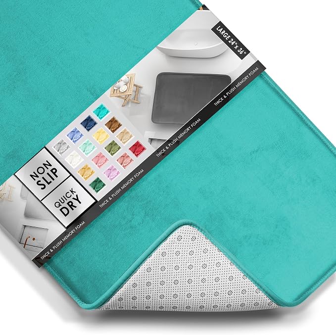 Clara Clark Bathroom Rugs, Velvet Memory Foam Bath Mat, Non-Slip Bath Rugs, Machine Wash, Dries Quickly, Ultra Soft Plush Bath Mats for Bathroom, 24 x 36, Teal Blue
