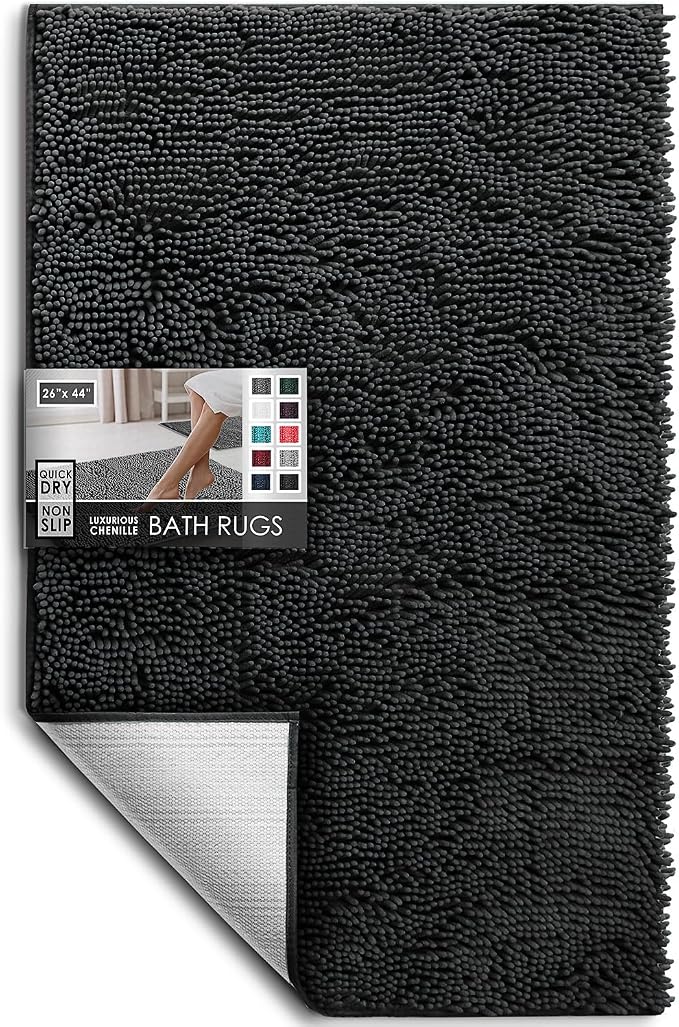 Hearth & Harbor Bathroom Rugs, Chenille Bath Mat - Machine Washable Bath Mats for Bathroom Non-Slip Backing Rubber, Quick Dry Bathroom Mat - Black Bath Rug, 26x44