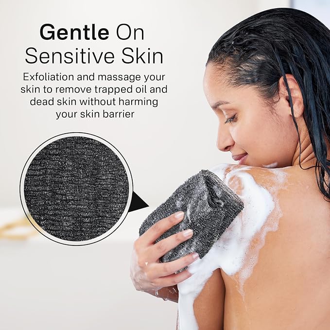 Exfoliating Washcloth Towel, Japanese Exfoliating Wash Cloth, Korean Body Scrubber Exfoliator, Back Scrubber Washer for Shower Bath, Body Scrub African Net Sponge Loofah Luffa (Black)