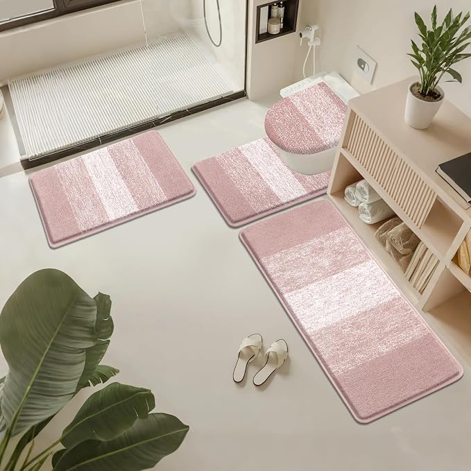 Bsmathom Bathroom Rug Set 4 Piece, Plush Microfiber Bath Mat, Pink | Extra Water Absorbent, Non Slip Washable Runner Bath Rugs with Toilet Lid Cover and U-shaped Contour Toilet Mat