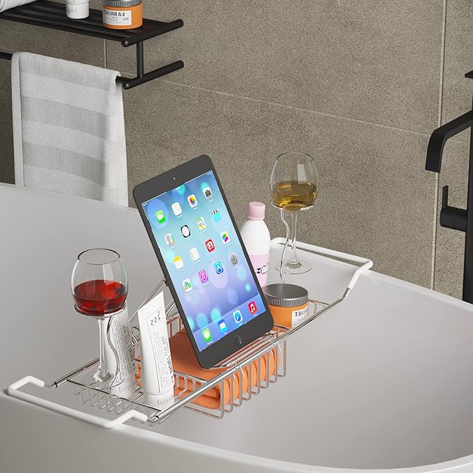 iPEGTOP Stainless Steel Bathtub Caddy Tray - Over Bath Tub Racks Shower Organizer with Extending Sides, Removable Wine Glass Book Holder