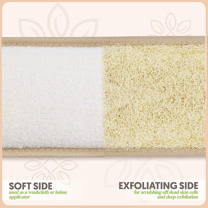 ALMOONI Back Scrubber for Shower, Natural Loofah Sponge, Tan, 1 Count | Natural Egyptian Loofah Sponge, Long Back Scrubber, Cotton Handles, Face & Body, Gentle Exfoliation
