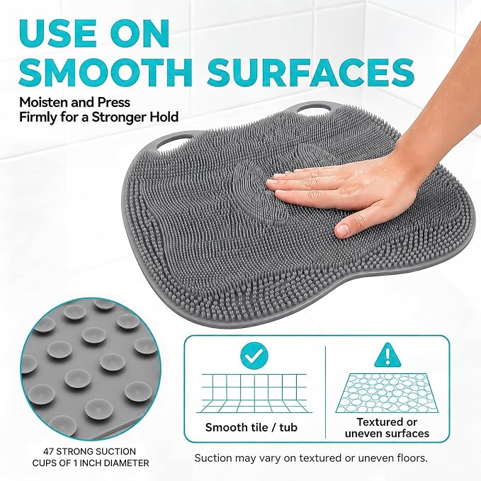 XL Silicone Shower Foot Scrubber Mat with Suction Cups, Foot Washer for Shower, Foot and Back Scrubber for Smooth Shower Wall or Floor, Grey, 17.3 x 12.9 in