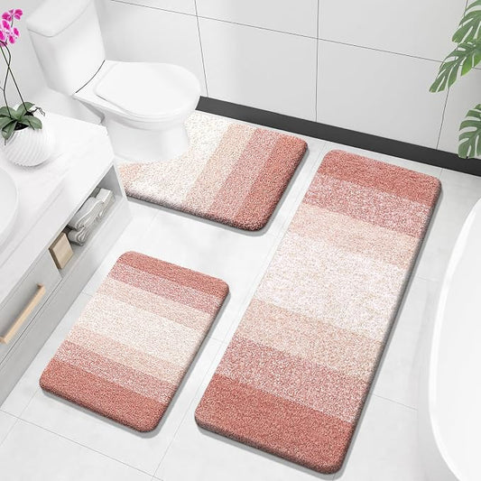 OLANLY Microfiber Bathroom Rugs Sets 3 Piece, 47"x20"+24"x16"+24"x20" | Peach, Soft Absorbent Bath Mats and U-Shaped Contour Toilet Rug, Plush Shaggy Bath Mat Set for Bathroom
