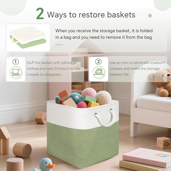FinishingBo Fabric Cubes Storage Basket, 6 Pack 11x11 in with Handles Cube Storage Bins, for Shelves, Home, Office Organizers (White/ Green)