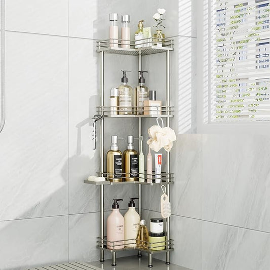 Consumest Corner Shower Caddy Standing - 4-Tier Stainless Steel Shower Organizer with Soap Holder and 4 Hooks, Large Capacity Corner Shelf Stand for Bathroom, Rest Room, Sand Nickel