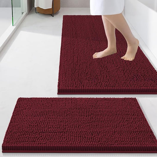Smiry Chenille Bathroom Rugs Sets 2 Piece (34x21+24x16, Burgundy) | Soft Absorbent Machine Washable Non Slip Shaggy Bath Rug Set for Tub, Shower, and Floor, Home Decor