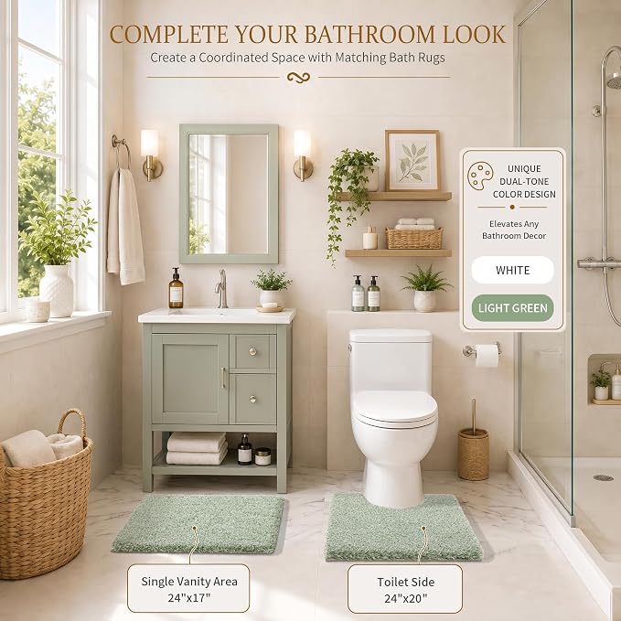 Yimobra Toilet Rugs U Shaped Washable 24X20, Ultra Soft and Water Absorbent Bath Mats, Non Slip Fluffy Shaggy Luxury Microfiber Contour Bath Rugs for Toilet, Dry Quick, Light Green and White