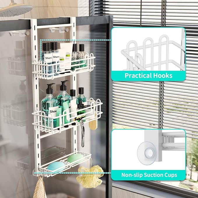 HapiRm 3 Tier Over the Door Shower Caddy, Hanging Shower Caddy with 16 Hooks and 2 Soap Holders, No Drilling Adjustable Hanging Bathroom Organizer - White