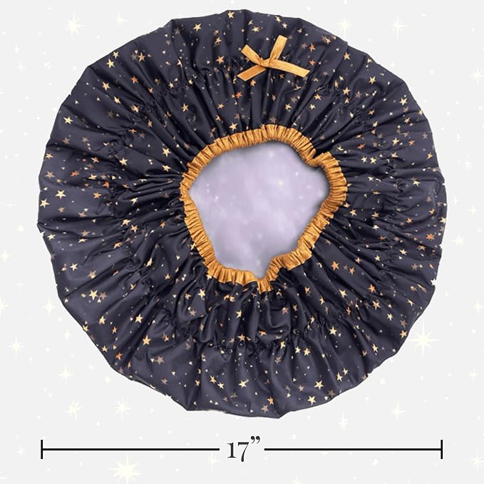 Betty Dain Fashionista Reusable Shower Cap, Starry Nights | Oversized Waterproof PEVA Lined Bath Cap for All Hair Lengths, Elastic Stretch Hem Hair Hat