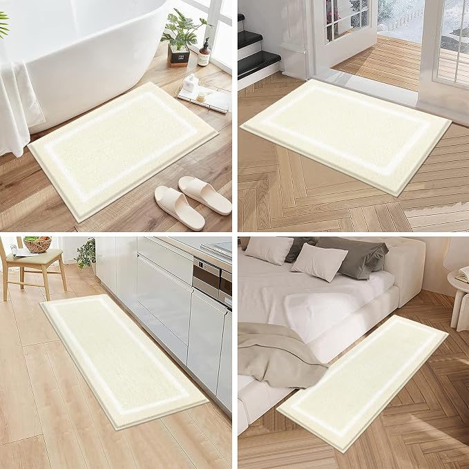 Pauwer Bathroom Rugs 3 Piece Set, Non Slip Washable Bath Mat, Ivory | Soft Plush Microfiber, Super Absorbent Floor Carpet, U Shaped Toilet Mats, Quick Dry, Shaggy Shower Rugs Runners