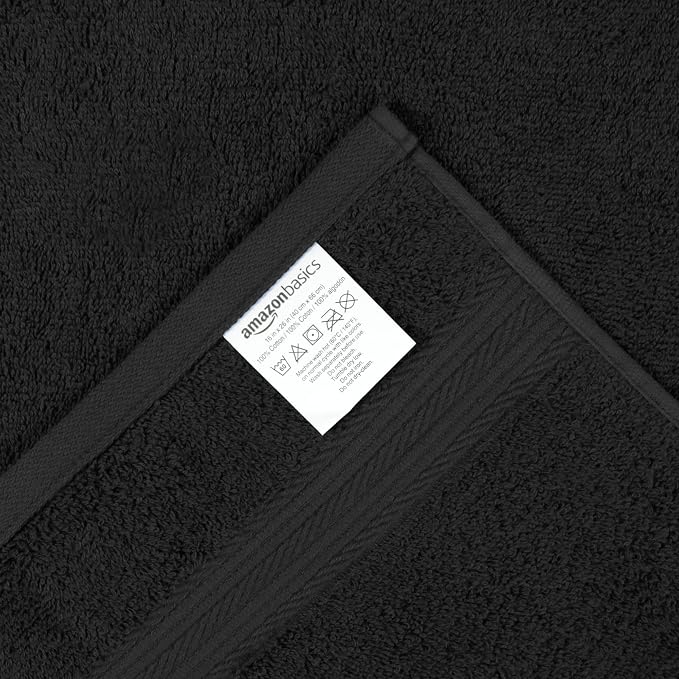 Amazon Basics Fade-Resistant 100% Cotton Washcloth for Face and Body, Soft Absorbent, 26" x 16", Black, 6-Pack